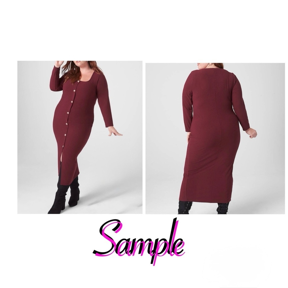 J for Justify Ribbed Pearl Button Down Sweater Burgandy Midi Dress 2X